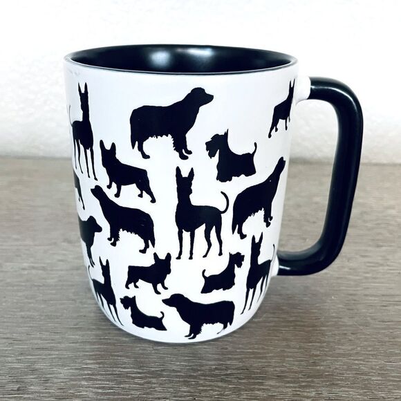 Ceramic Dog Silhouette Black White Textured Print Mug Cup - Picture 1 of 3